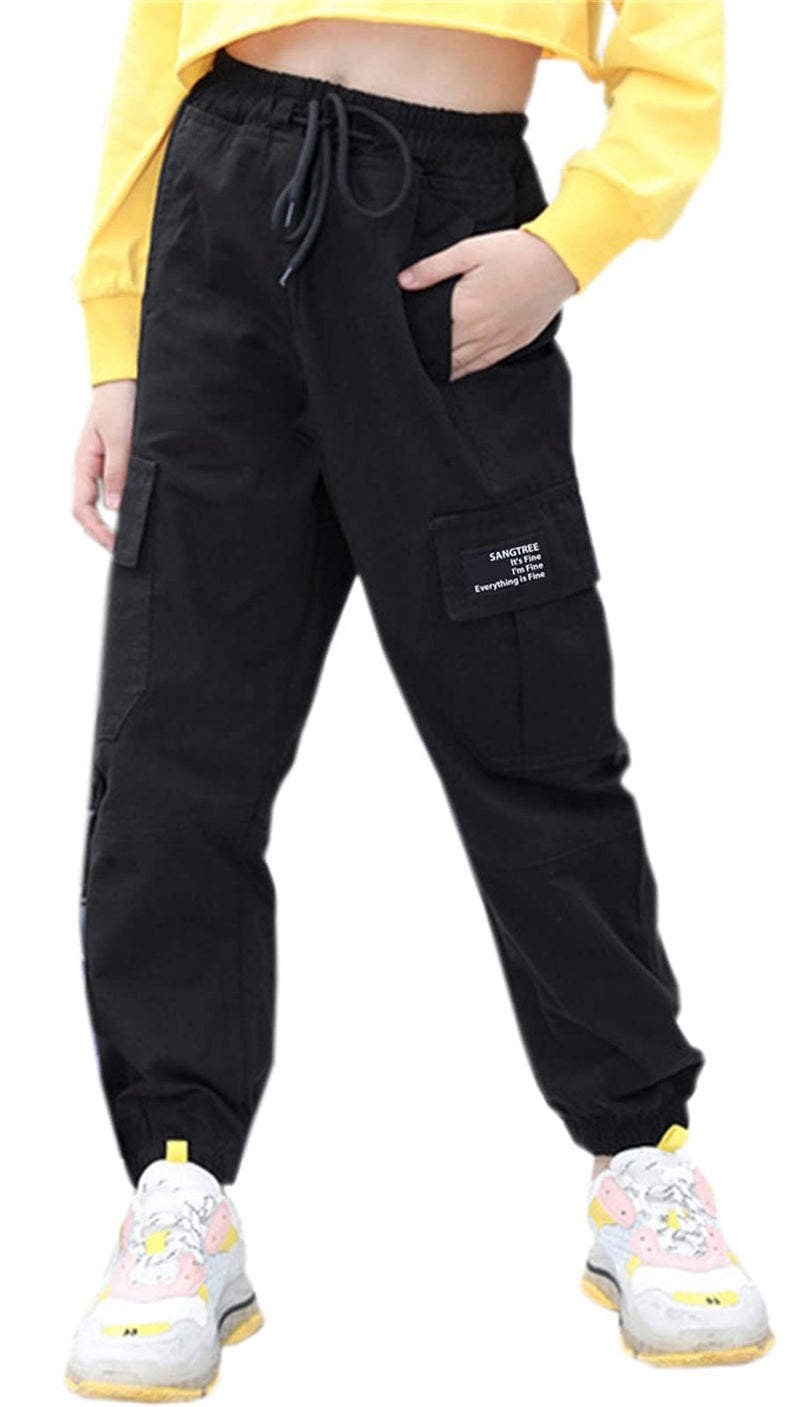 SANGTREE Girls Cargo Pants, Elastic Waist Drawstring Loose Tapered Multi Pockets Cargo Jogger Pants for Girl, Black, 7-8 Years Big Kid = Tag 140 - Image 1